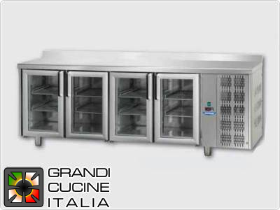  Refrigerated counters - GN 1/1 - Temperature 0°C / +10°C - Four doors - Engine compartment on the right - Worktop with splashback  - Ventilated cooling -  Glass doors