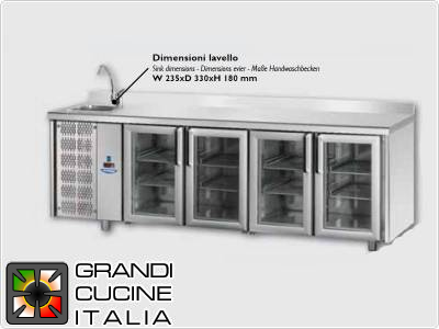  Refrigerated counters - GN 1/1 - Temperature 0°C / +10°C - Four doors - Engine compartment on the left - Worktop with sink and backsplash - Ventilated cooling -  Glass doors