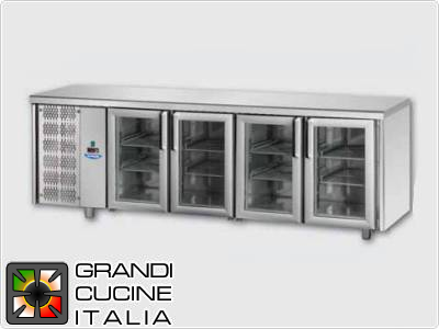  Refrigerated counters - GN 1/1 - Temperature 0°C / +10°C - Four doors - Engine compartment on the left - Smooth worktop  - Ventilated cooling -  Glass doors