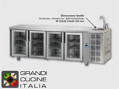 Refrigerated counters - GN 1/1 - Temperature 0°C / +10°C - Four doors - Engine compartment on the right - Worktop with sink - Ventilated cooling -  Glass doors
