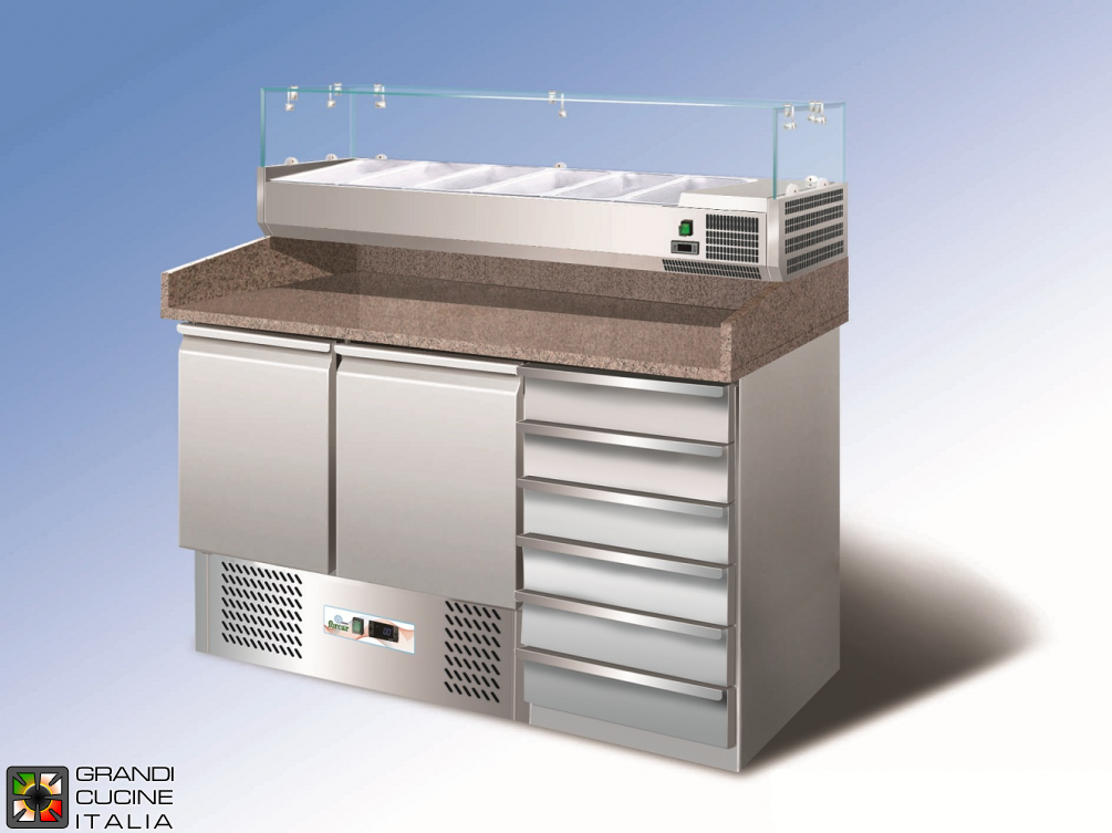  Refrigerated counters for pizza - GN 1/1 - Temperature +2°C / +8°C - Two doors - Stone shelf - with Drawers for Pizza Dough - No Ingredients Showcase