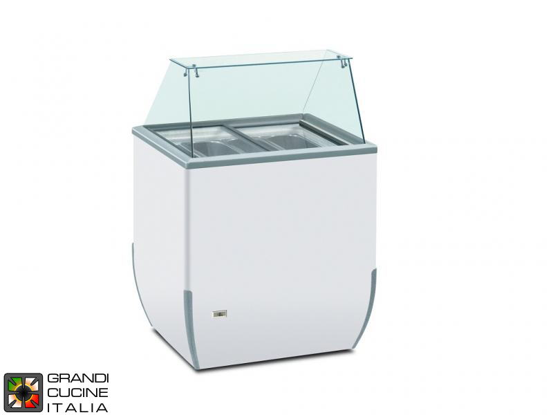  Scoop Ice Cream Refrigerated Cabinet - Capacity N°4 Bins - Static Refrigeration - on Unidirectional Castors - White Color