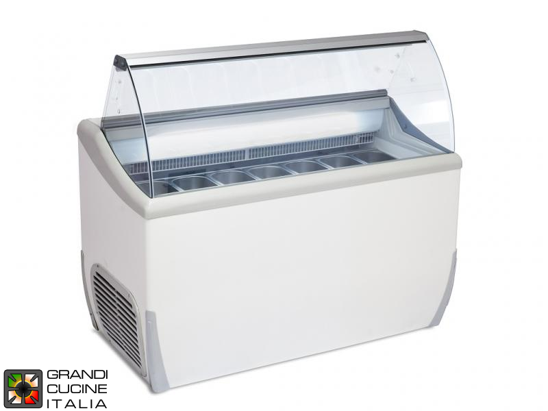  Scoop Ice Cream Refrigerated Cabinet - Capacity N°7 Bins - Static Refrigeration - on Pivoting Castors - White Color